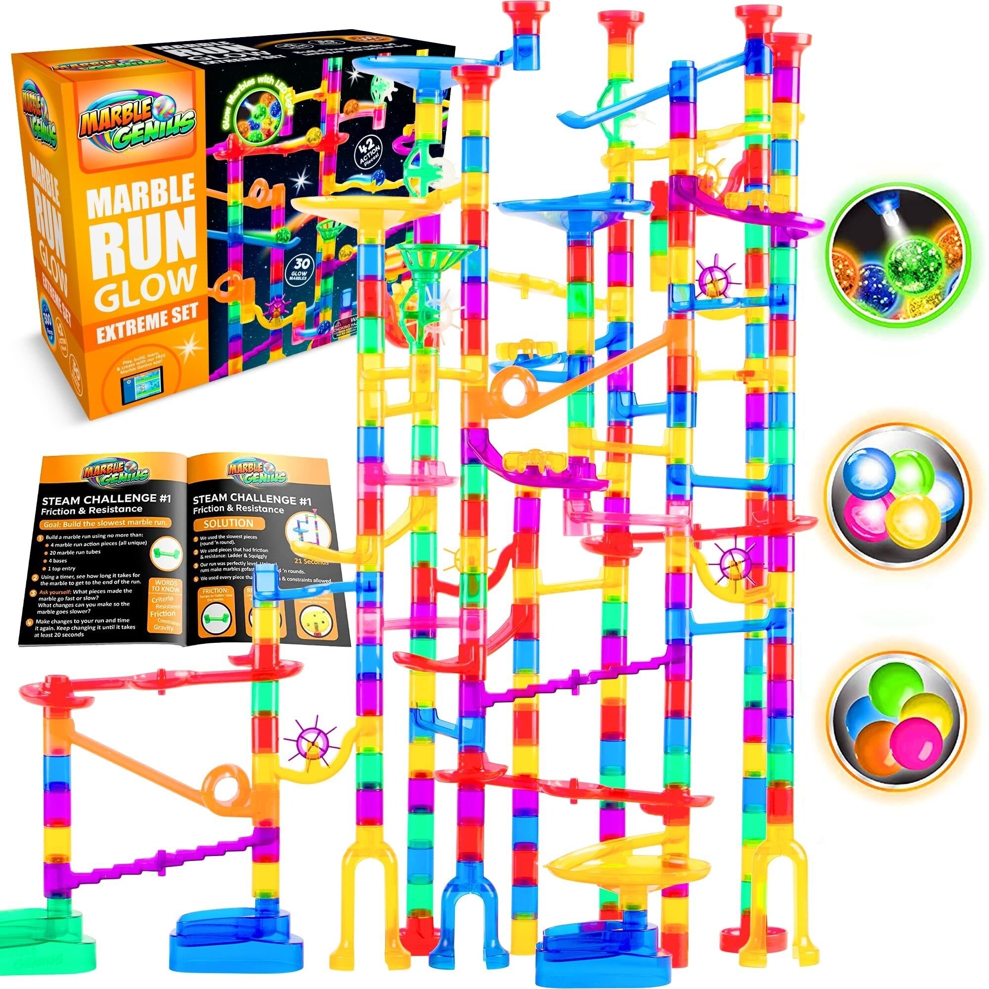 Marble Genius 300-Piece Glow Marble Run Track Race Set for Kids 4+